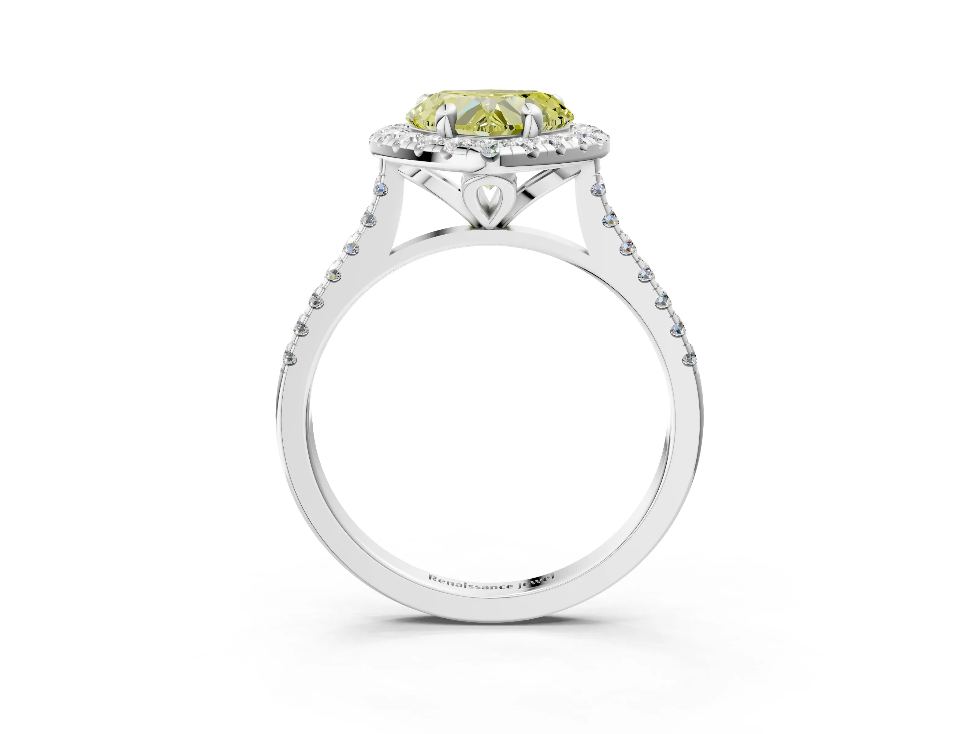 White gold Fancy Yellow Heart Cut Diamond Cushion Halo Ring with Pavé Band_15