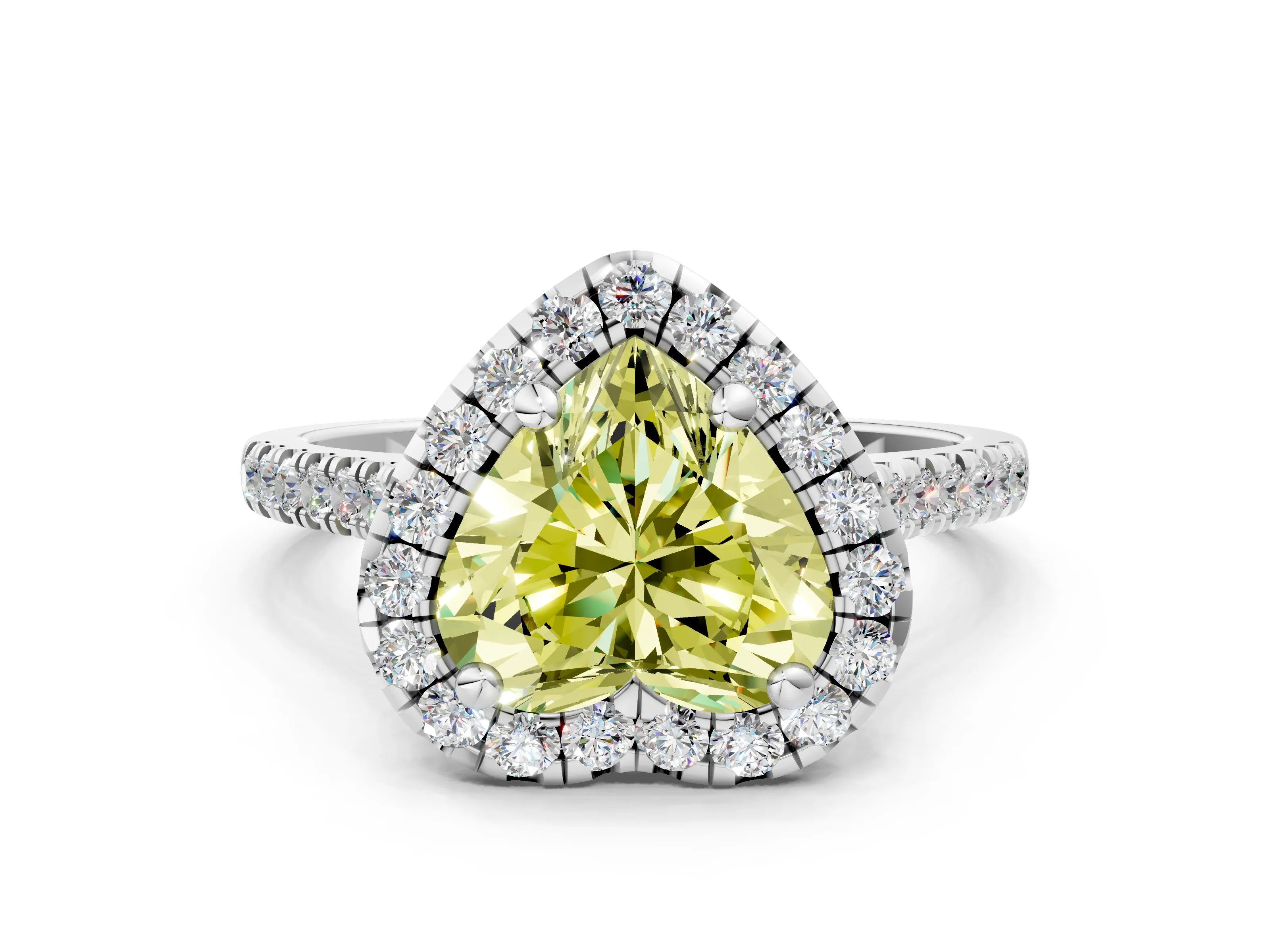 White gold Fancy Yellow Heart Cut Diamond Cushion Halo Ring with Pavé Band