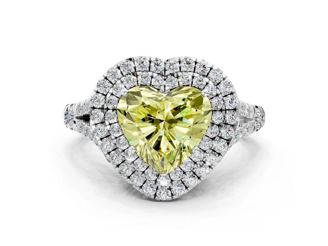 White gold Fancy Yellow Heart Cut Diamond Double Halo Ring with Split Shank and Prong Setting_27