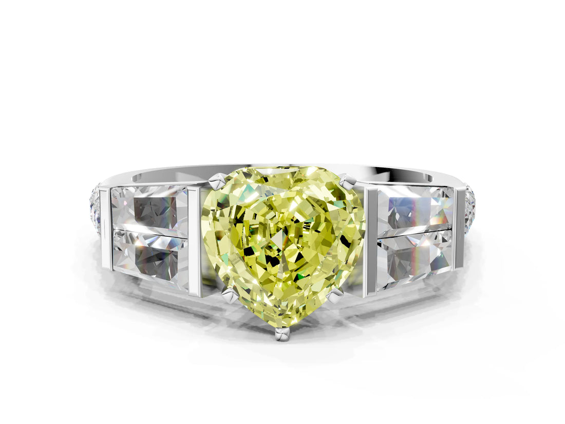 White gold Fancy Yellow Heart Cut Diamond Engagement Ring with Baguette Side Stones and Channel Set Band_32