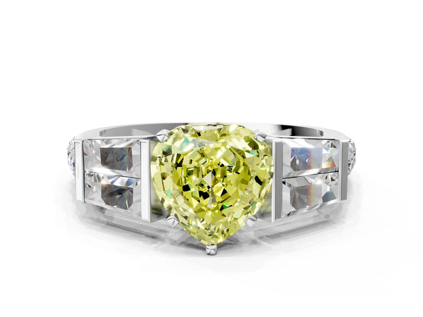 White gold Fancy Yellow Heart Cut Diamond Engagement Ring with Baguette Side Stones and Channel Set Band