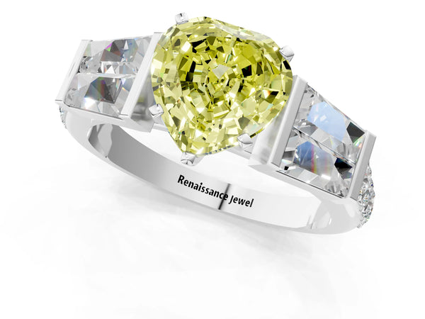 White gold Fancy Yellow Heart Cut Diamond Engagement Ring with Baguette Side Stones and Channel Set Band