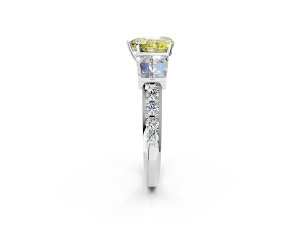 White gold Fancy Yellow Heart Cut Diamond Engagement Ring with Baguette Side Stones and Channel Set Band