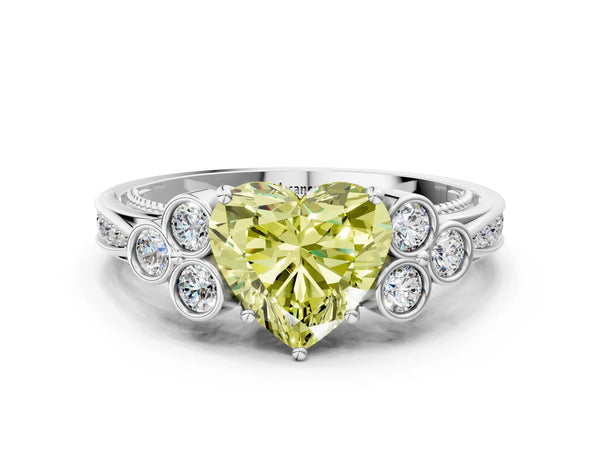 Platinum Fancy Yellow Heart  Cut Diamond Engagement Ring with Bezel Set Round Side Stones and Prong Setting
