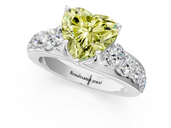 White gold Fancy Yellow Heart Cut Diamond Engagement Ring with Pavé Band and Four-Prong Setting