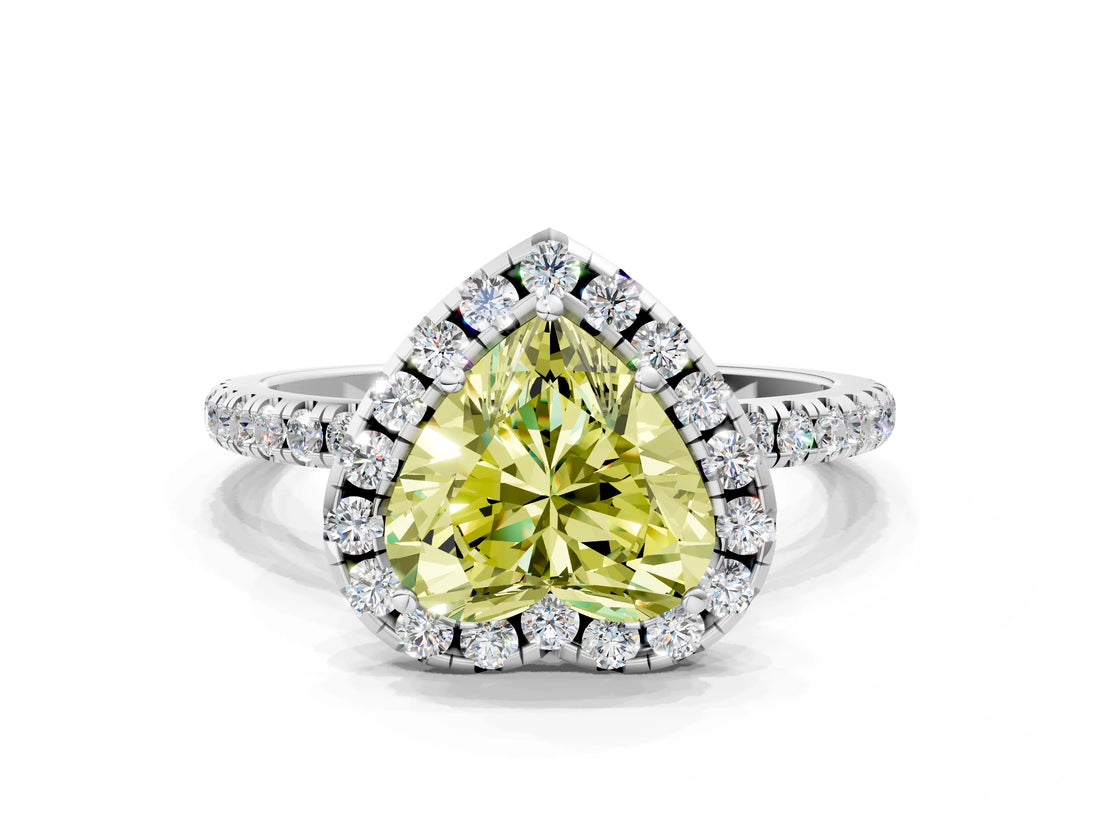 White gold Fancy Yellow Heart  Cut Diamond Floral Halo Engagement Ring with Pavé Band and Prong Setting_49