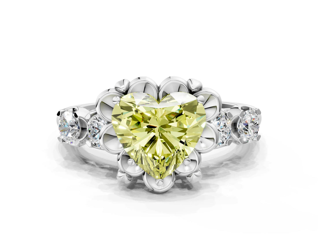 White gold Fancy Yellow Heart  Cut Diamond Floral Halo Engagement Ring with Shared Prong Setting 1