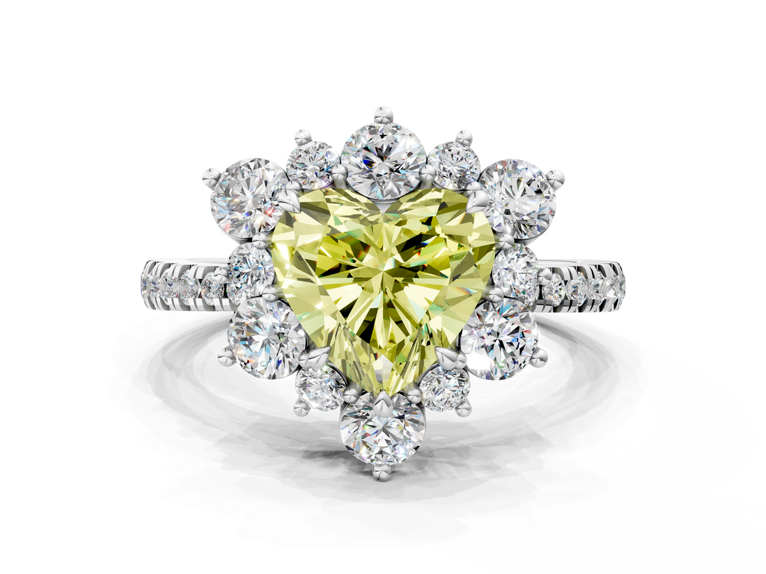 White gold Fancy Yellow Heart  Cut Diamond Floral Halo Pave Band with Prong Setting_37