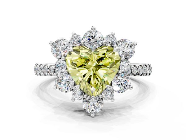 Platinum Fancy Yellow Heart  Cut Diamond Floral Halo Pave Band with Prong Setting
