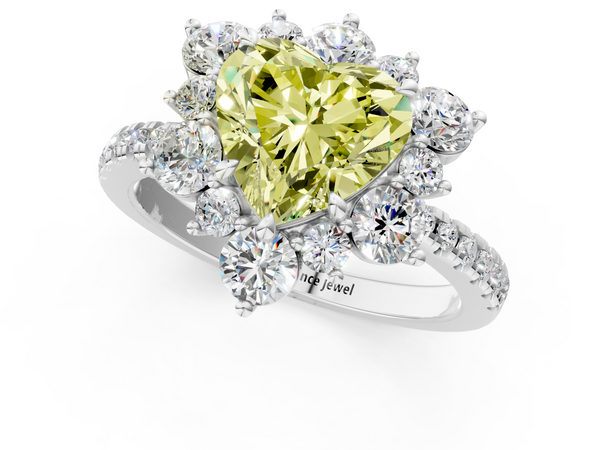 Platinum Fancy Yellow Heart  Cut Diamond Floral Halo Pave Band with Prong Setting