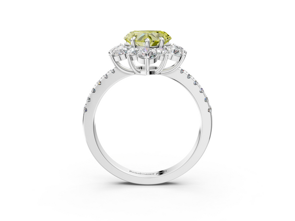 Platinum Fancy Yellow Heart  Cut Diamond Floral Halo Pave Band with Prong Setting