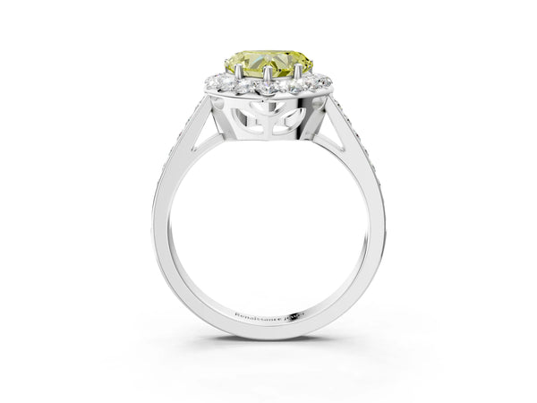 Platinum Fancy Yellow Heart Cut Diamond Floral Halo Ring with Pavé Band and Prong Setting