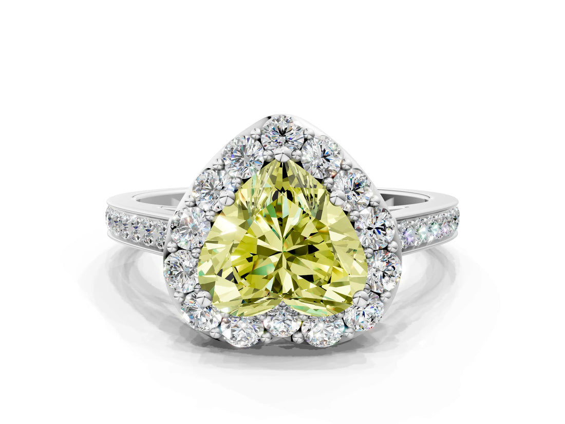 White gold Fancy Yellow Heart Cut Diamond Floral Halo Ring with Pavé Band and Prong Setting_7