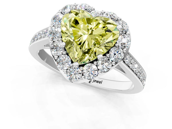 Platinum Fancy Yellow Heart Cut Diamond Floral Halo Ring with Pavé Band and Prong Setting