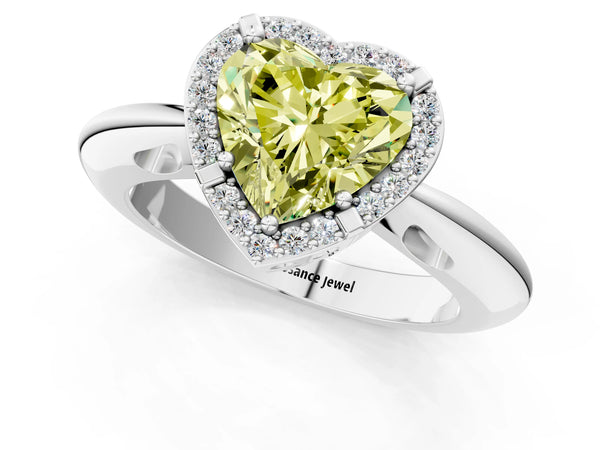 White gold Fancy Yellow Heart  Cut Diamond Halo Engagement Ring with Split Shank and Four-Prong Setting