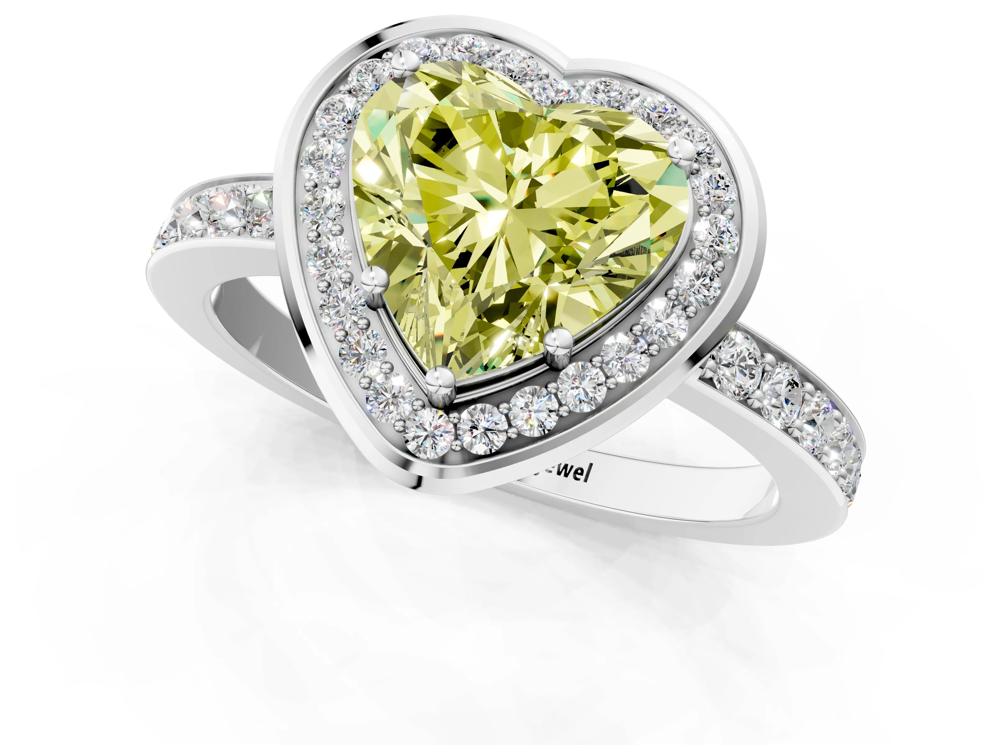 White gold Fancy Yellow Heart Cut Diamond Halo Ring with Bezel Frame and Pavé Band_1