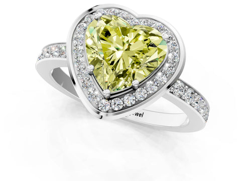 White gold Fancy Yellow Heart Cut Diamond Halo Ring with Bezel Frame and Pavé Band_1