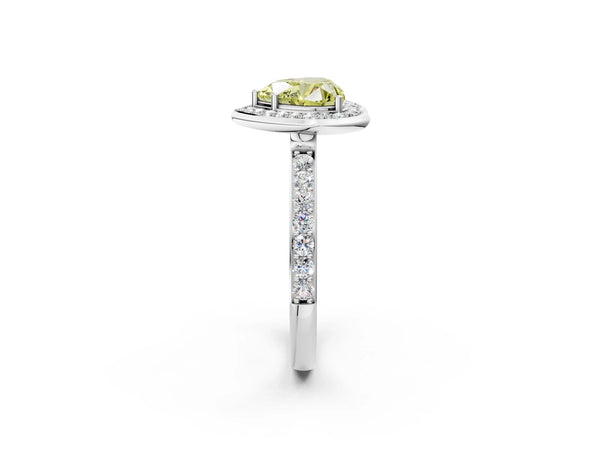 White gold Fancy Yellow Heart Cut Diamond Halo Ring with Bezel Frame and Pavé Band