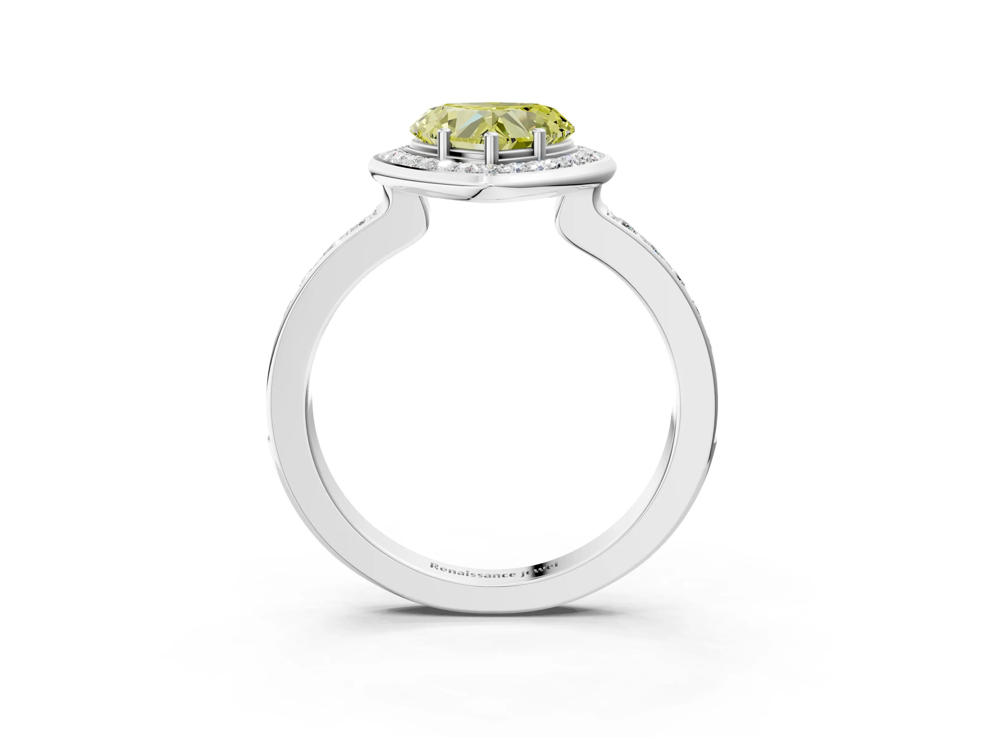 White gold Fancy Yellow Heart Cut Diamond Halo Ring with Bezel Frame and Pavé Band_3