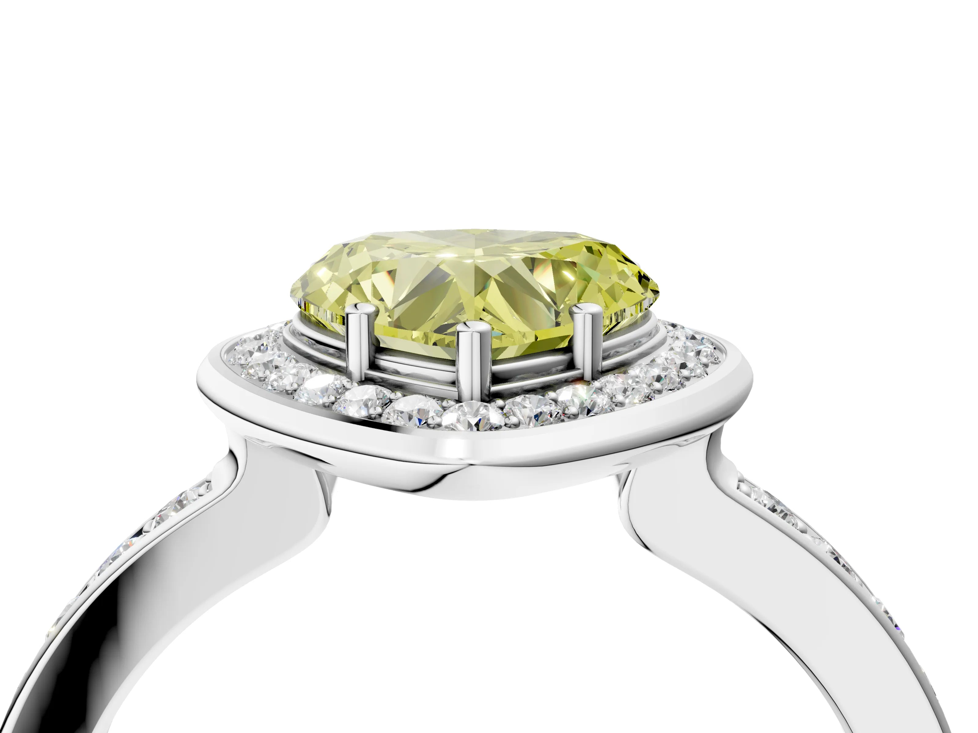 White gold Fancy Yellow Heart Cut Diamond Halo Ring with Bezel Frame and Pavé Band_4