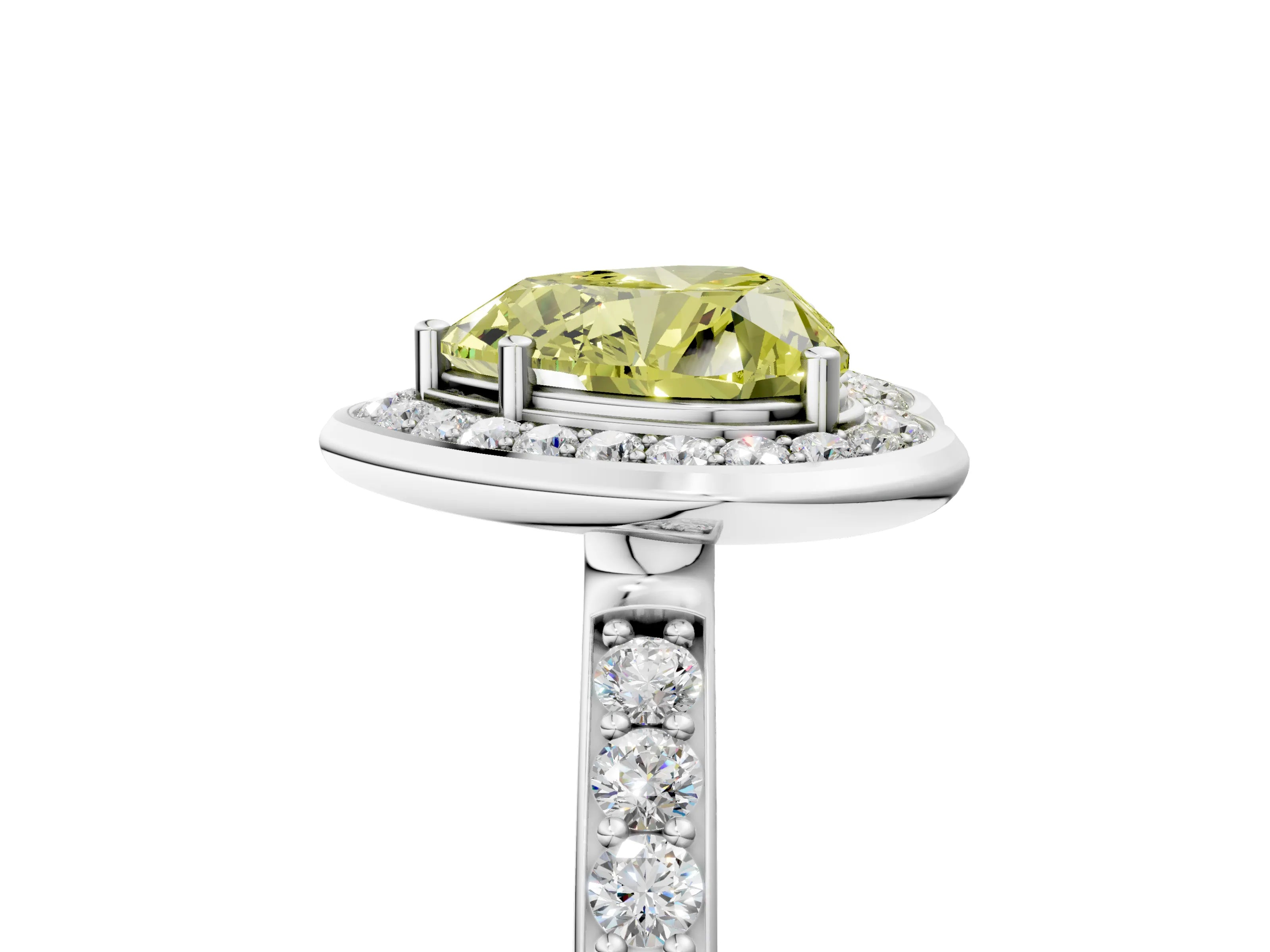 White gold Fancy Yellow Heart Cut Diamond Halo Ring with Bezel Frame and Pavé Band_5