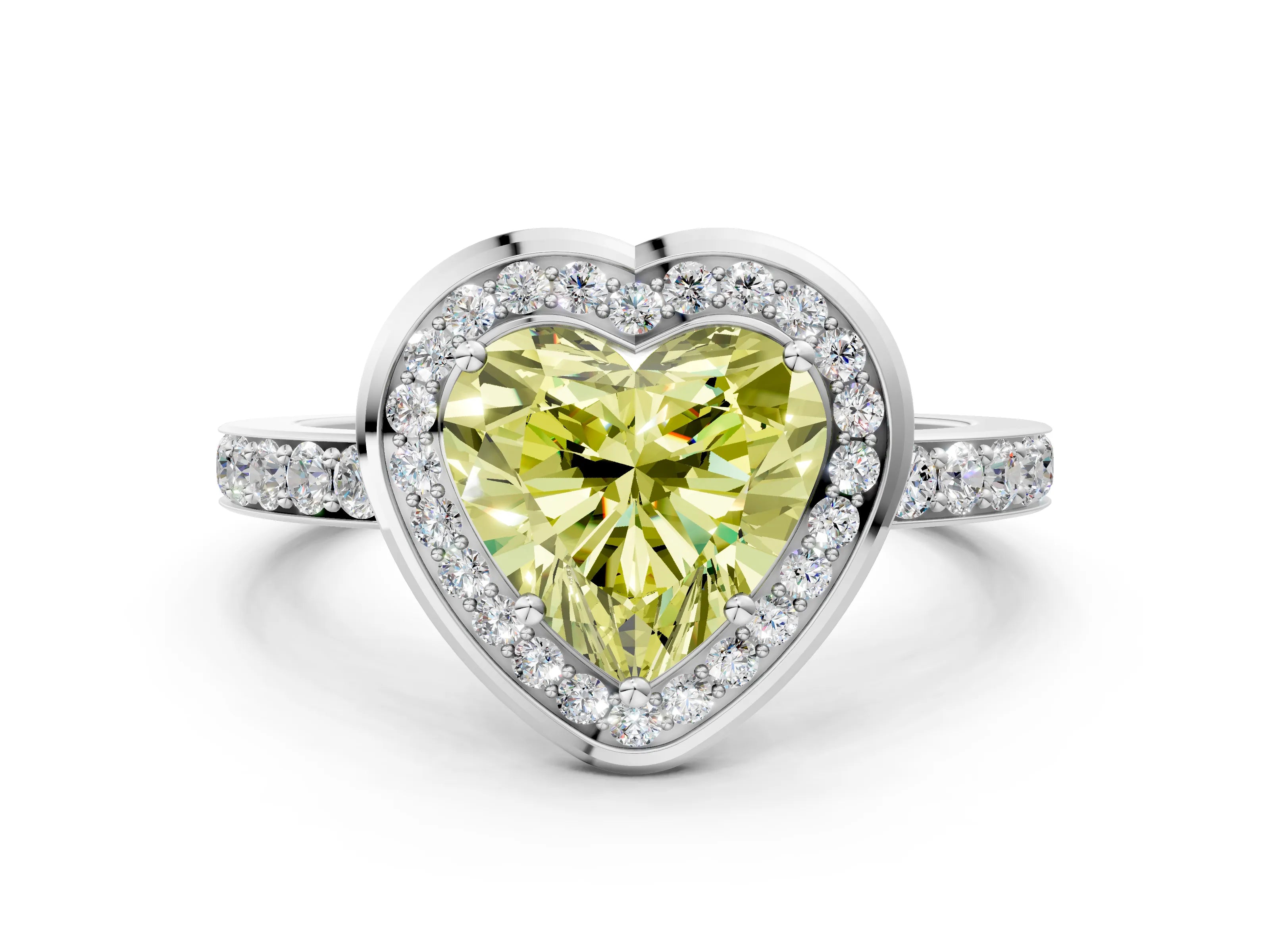 White gold Fancy Yellow Heart Cut Diamond Halo Ring with Bezel Frame and Pavé Band