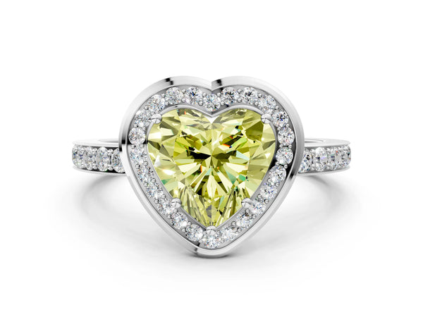 White gold Fancy Yellow Heart Cut Diamond Halo Ring with Bezel Frame and Pavé Band