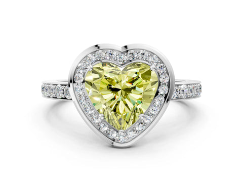 White gold Fancy Yellow Heart Cut Diamond Halo Ring with Bezel Frame and Pavé Band