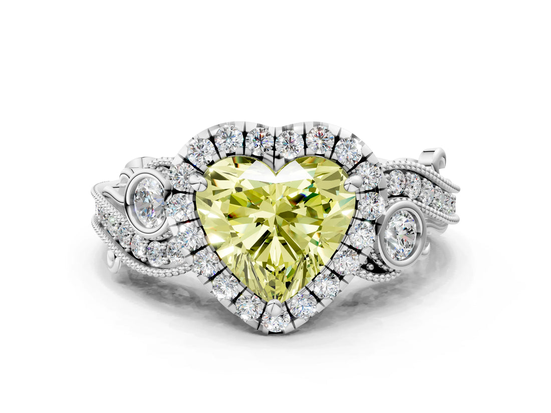White gold Fancy Yellow Heart Cut Diamond Halo Ring with Milgrain Pavé Band and Four-Prong Setting_65