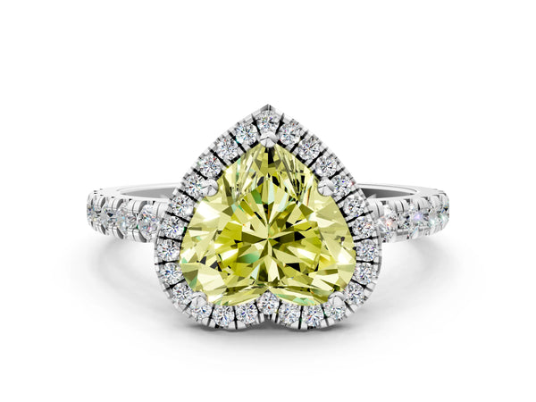 White gold Fancy Yellow Heart Cut Diamond Halo Ring with Pavé Band and Four-Prong Setting