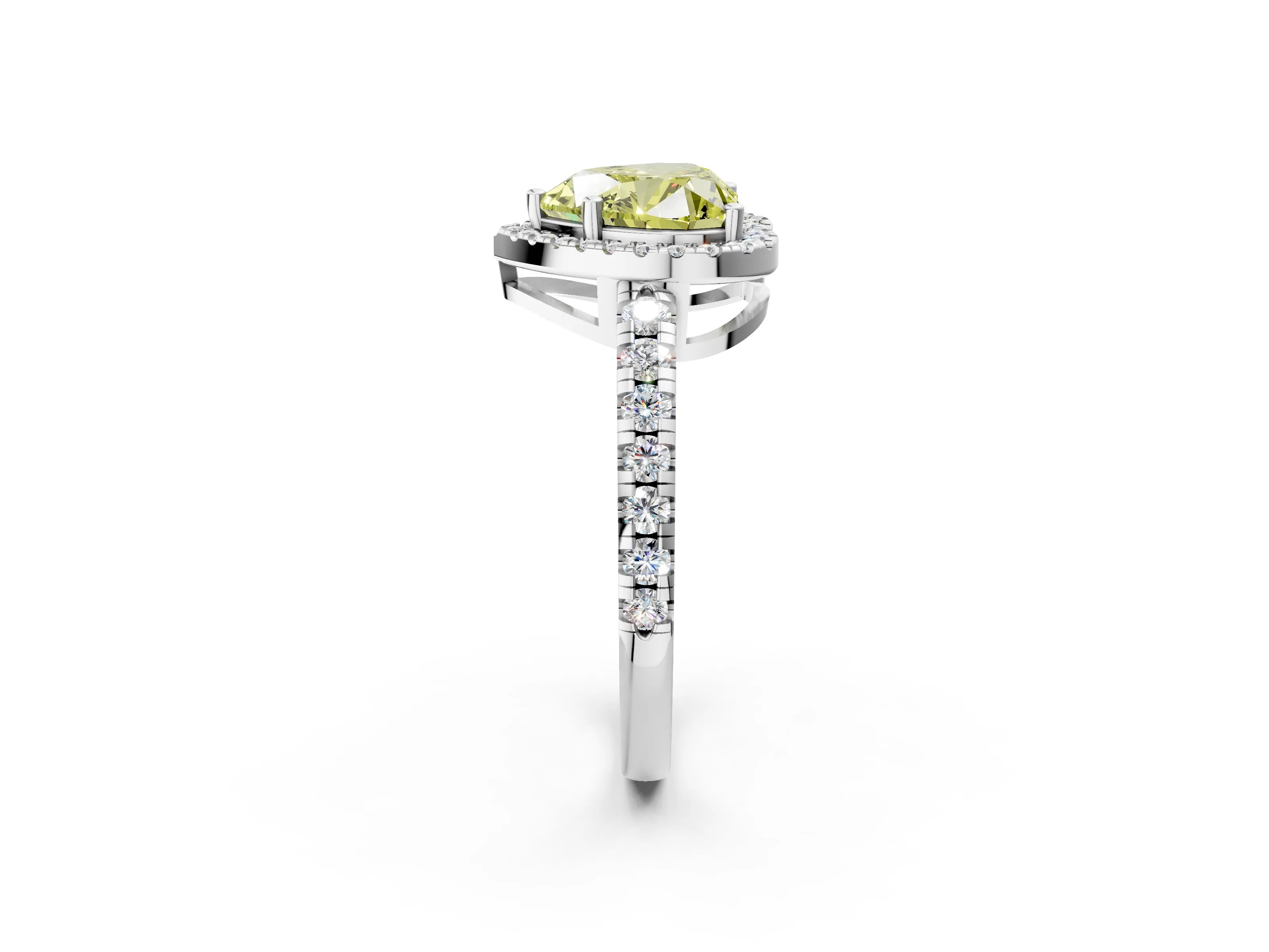 White gold Fancy Yellow Heart Cut Diamond Halo Ring with Pavé Band and Four-Prong Setting_14
