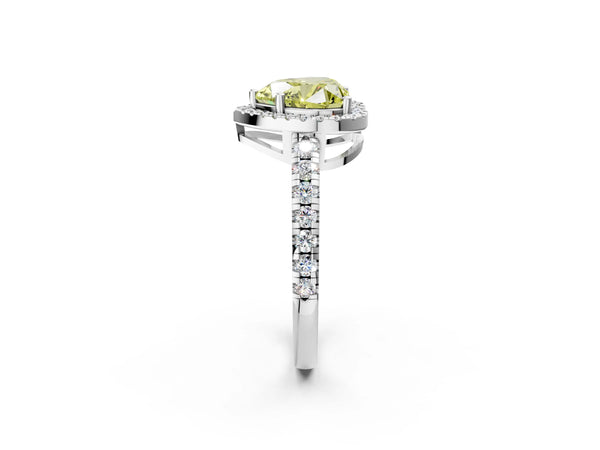 White gold Fancy Yellow Heart Cut Diamond Halo Ring with Pavé Band and Four-Prong Setting