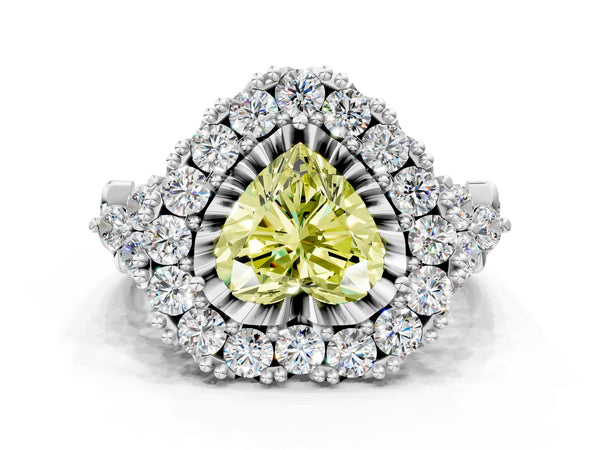 White gold Fancy Yellow Heart Cut Diamond Halo Ring with Pavé Band and Four-Prong Setting