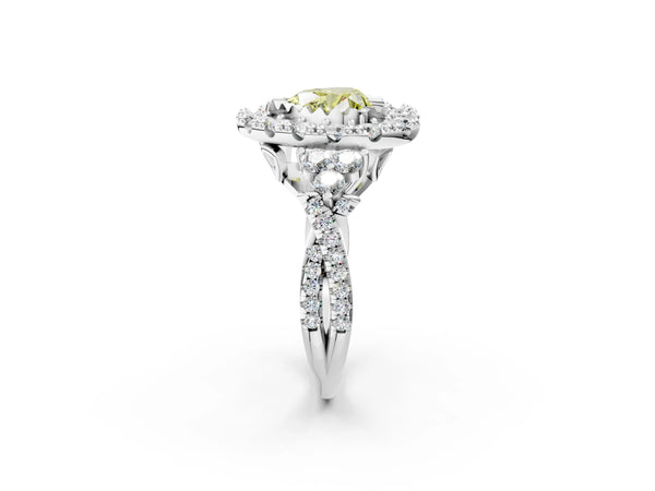 White gold Fancy Yellow Heart Cut Diamond Halo Ring with Pavé Band and Four-Prong Setting