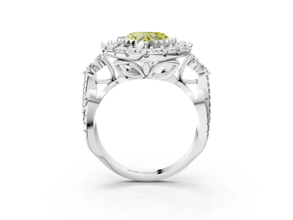 White gold Fancy Yellow Heart Cut Diamond Halo Ring with Pavé Band and Four-Prong Setting