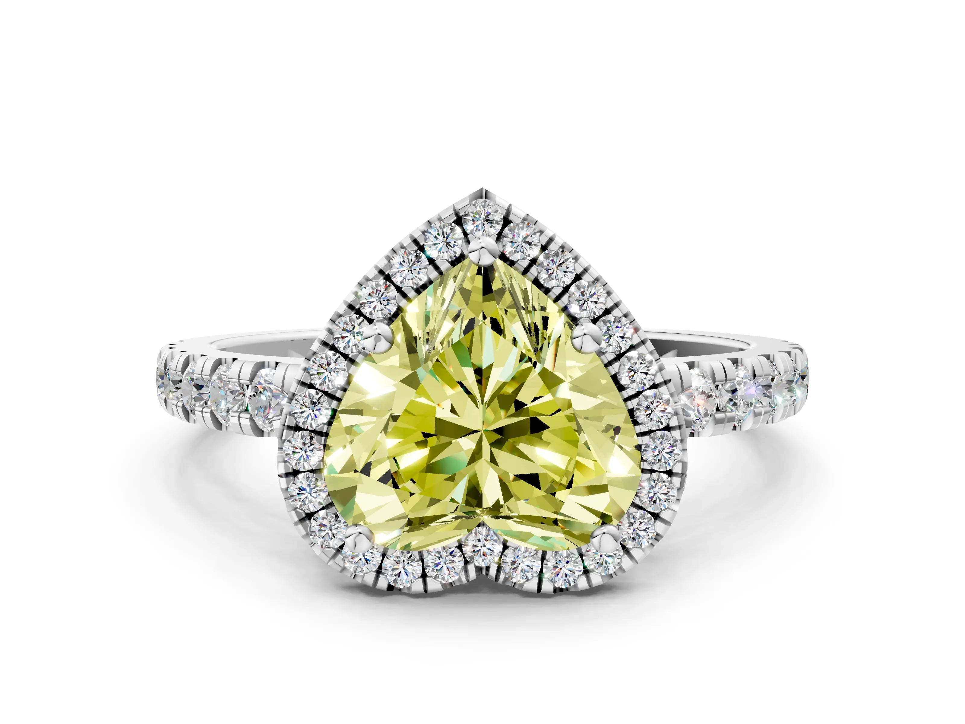 White gold Fancy Yellow Heart Cut Diamond Halo Ring with Pavé Band and Four-Prong Setting