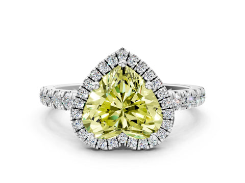 White gold Fancy Yellow Heart Cut Diamond Halo Ring with Pavé Band and Four-Prong Setting