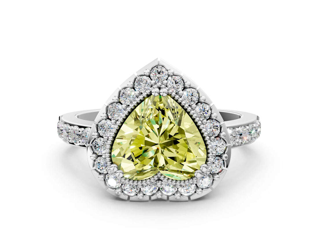 White gold Fancy Yellow Heart Cut Diamond Halo Ring with Pavé Band and Prong Setting_12