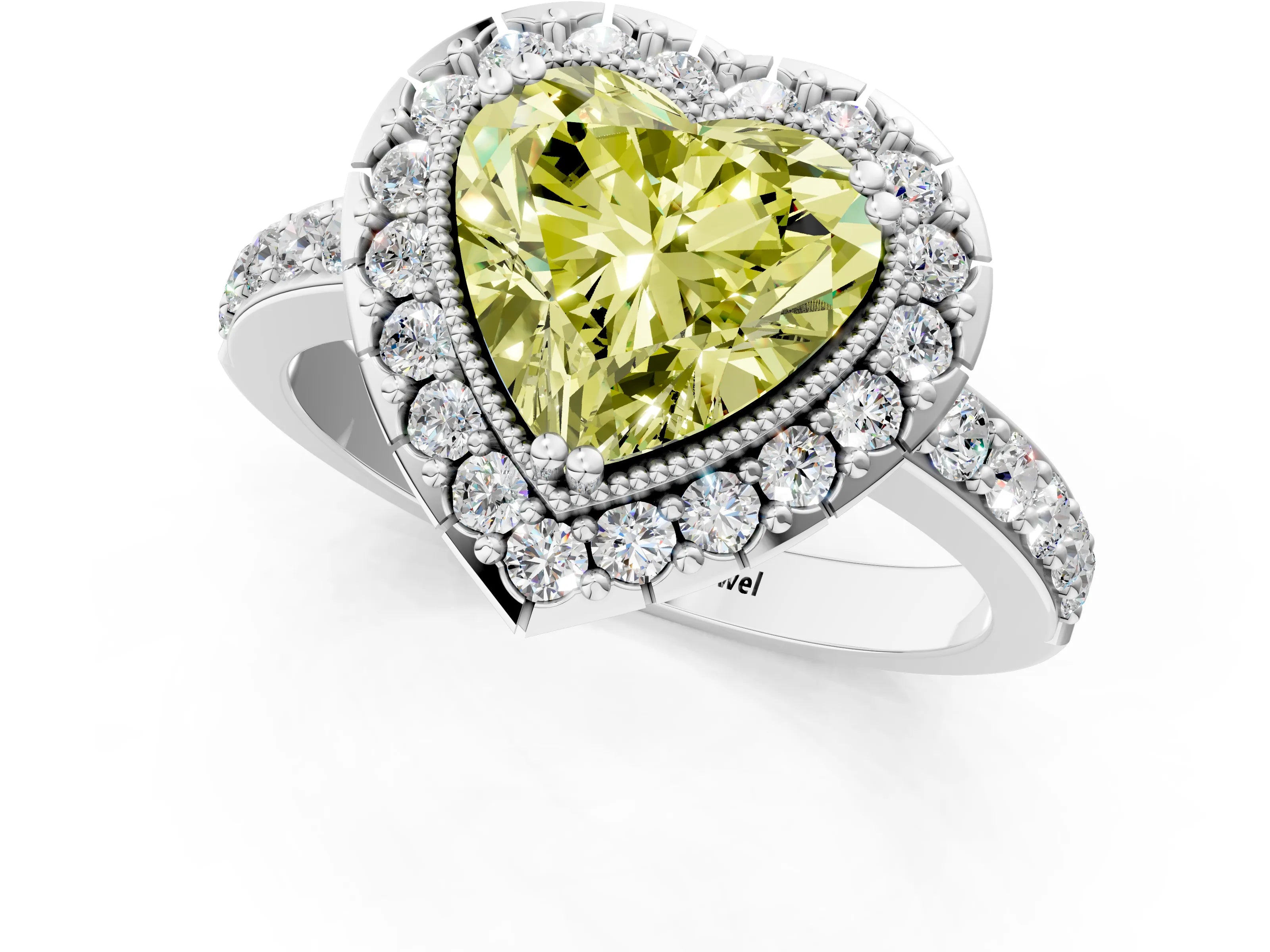 White gold Fancy Yellow Heart Cut Diamond Halo Ring with Pavé Band and Prong Setting_1
