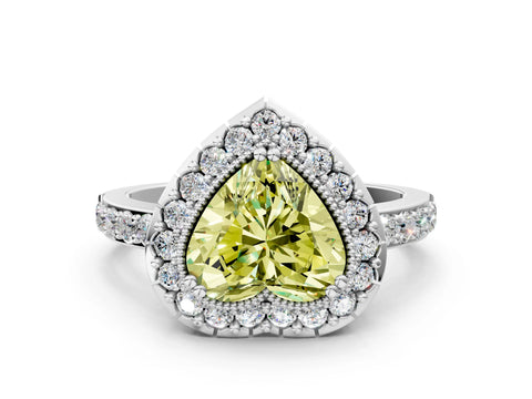 White gold Fancy Yellow Heart Cut Diamond Halo Ring with Pavé Band and Prong Setting