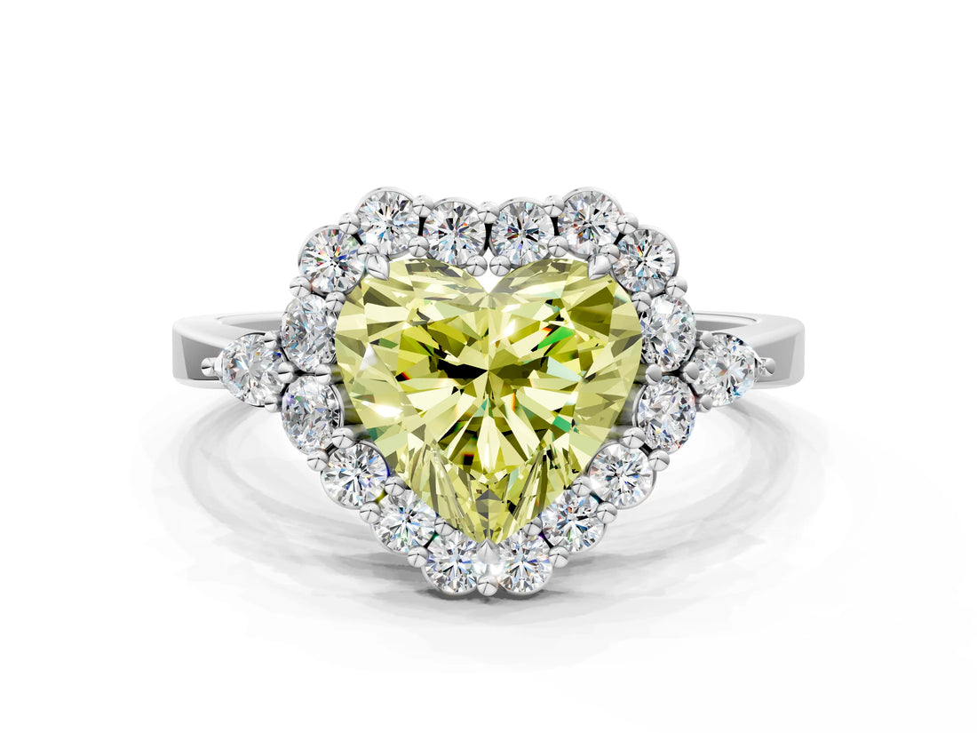 White gold Fancy Yellow Heart Cut Diamond Halo Ring with Pear Side Stones and Prong Setting_75