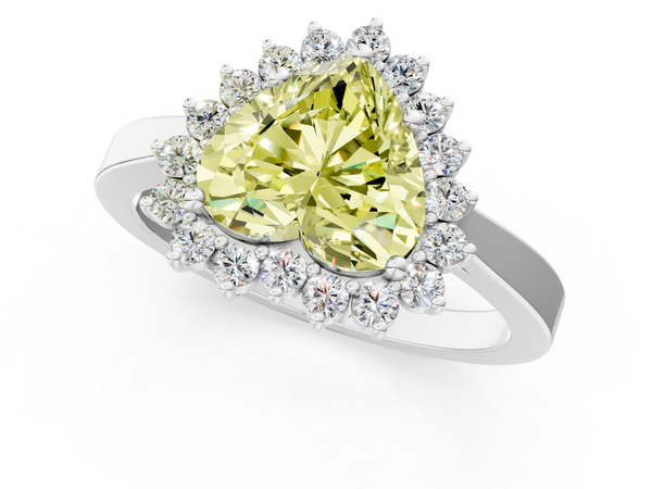 White gold Fancy Yellow Heart  Cut Diamond Halo Ring with Round Brilliant Halo and Solitaire Band