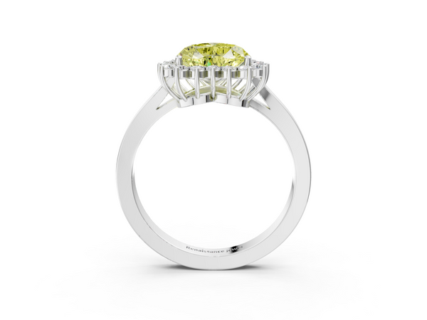 White gold Fancy Yellow Heart  Cut Diamond Halo Ring with Round Brilliant Halo and Solitaire Band