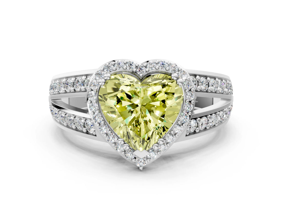 White gold Fancy Yellow Heart Cut Diamond Halo Ring with Split Shank Pavé Band and Four-Prong Setting_12