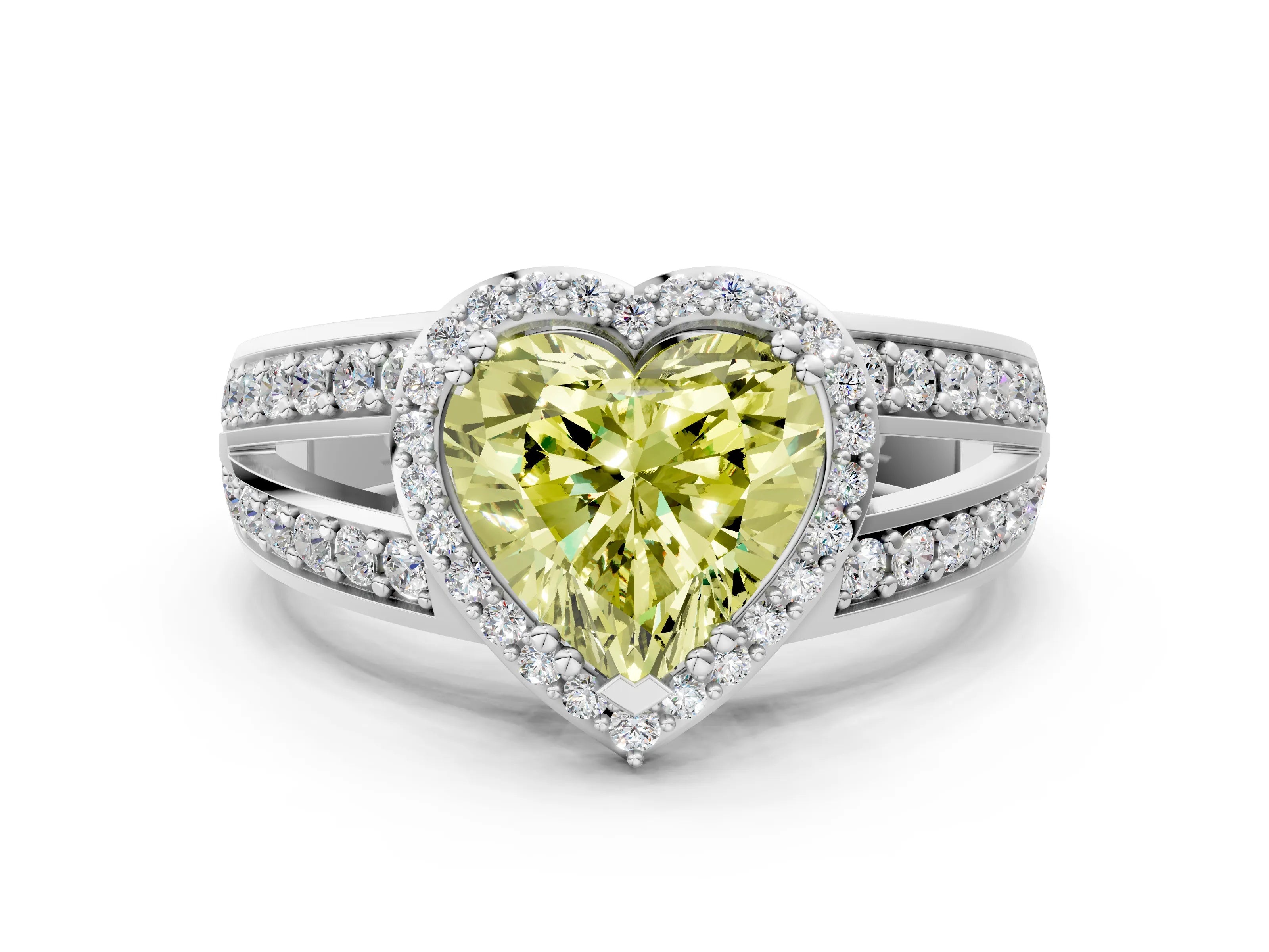 White gold Fancy Yellow Heart Cut Diamond Halo Ring with Split Shank Pavé Band and Four-Prong Setting_12