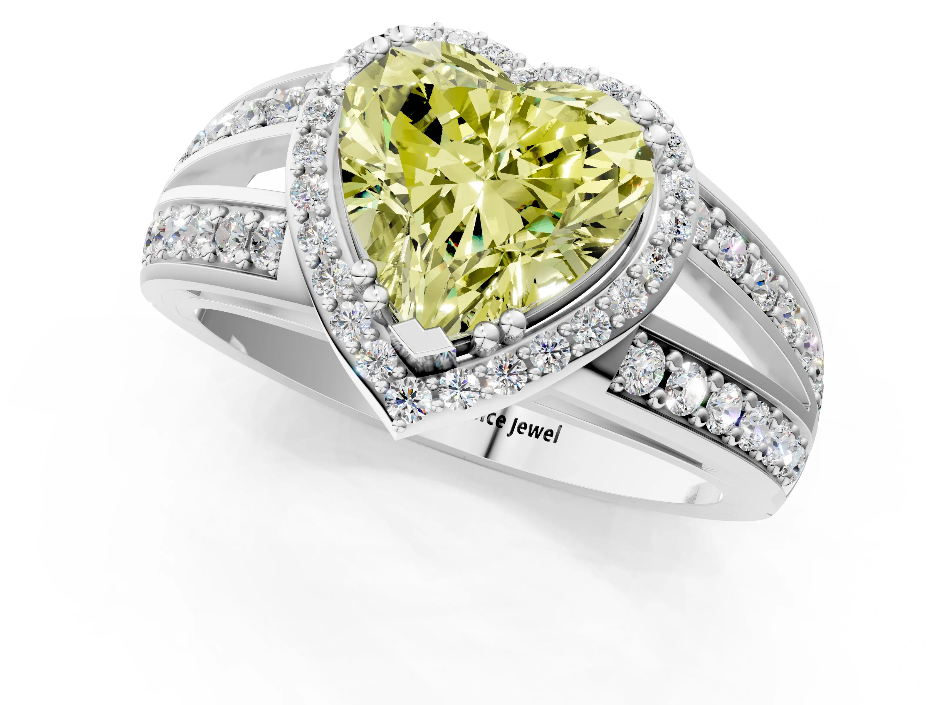 White gold Fancy Yellow Heart Cut Diamond Halo Ring with Split Shank Pavé Band and Four-Prong Setting_13
