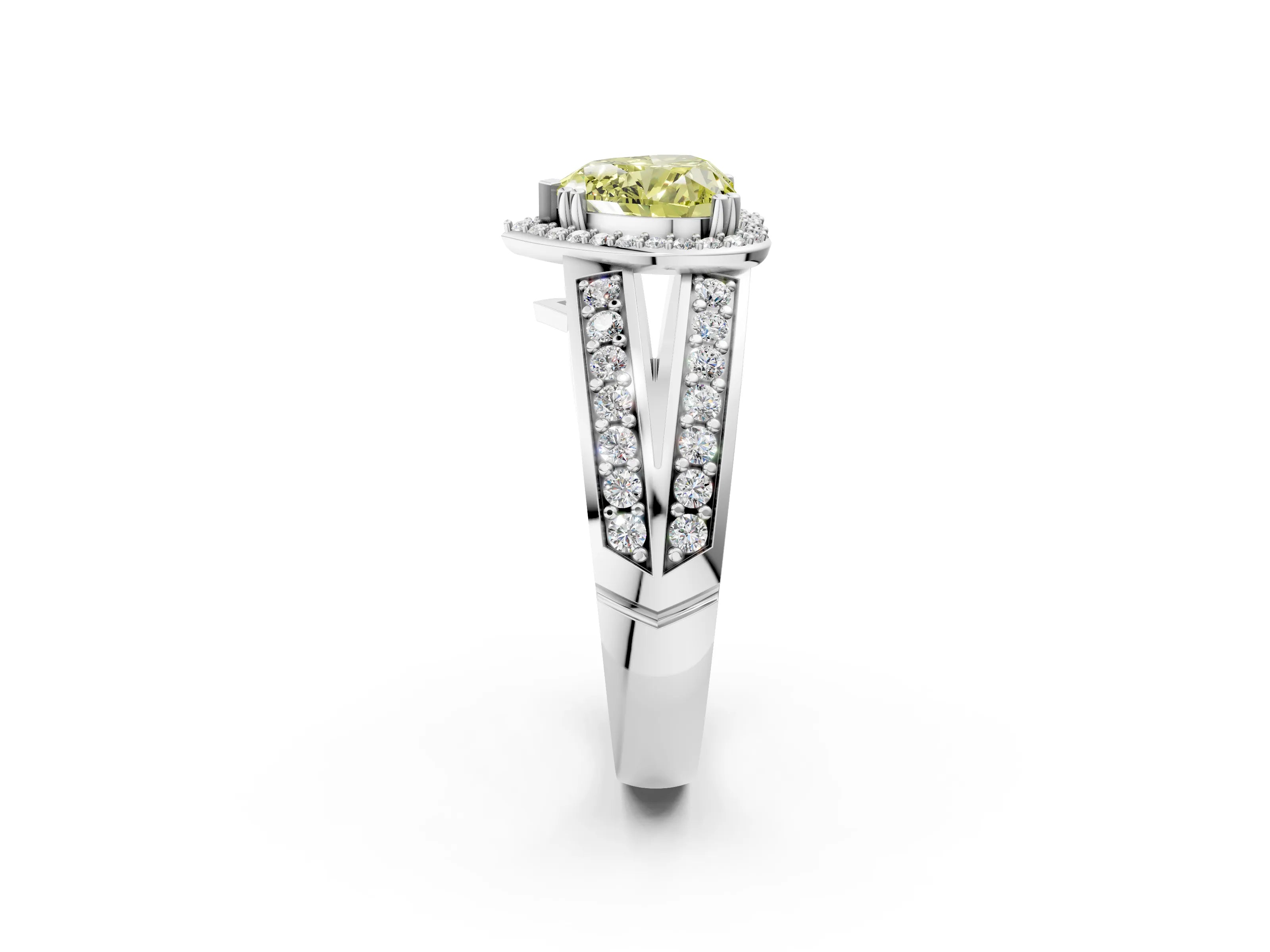 White gold Fancy Yellow Heart Cut Diamond Halo Ring with Split Shank Pavé Band and Four-Prong Setting_14