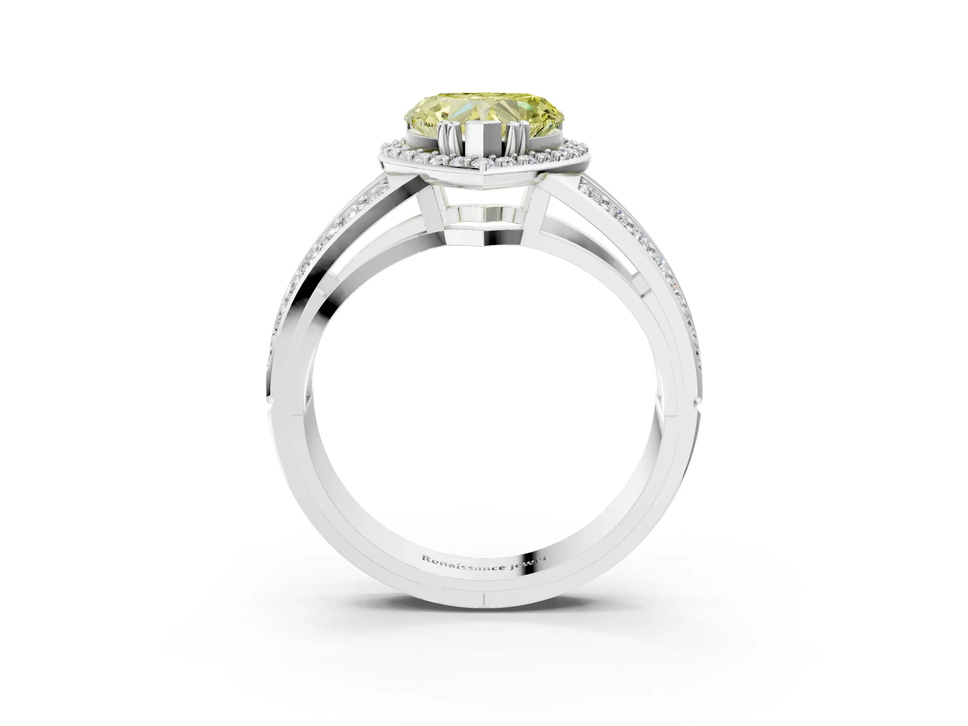 White gold Fancy Yellow Heart Cut Diamond Halo Ring with Split Shank Pavé Band and Four-Prong Setting_15