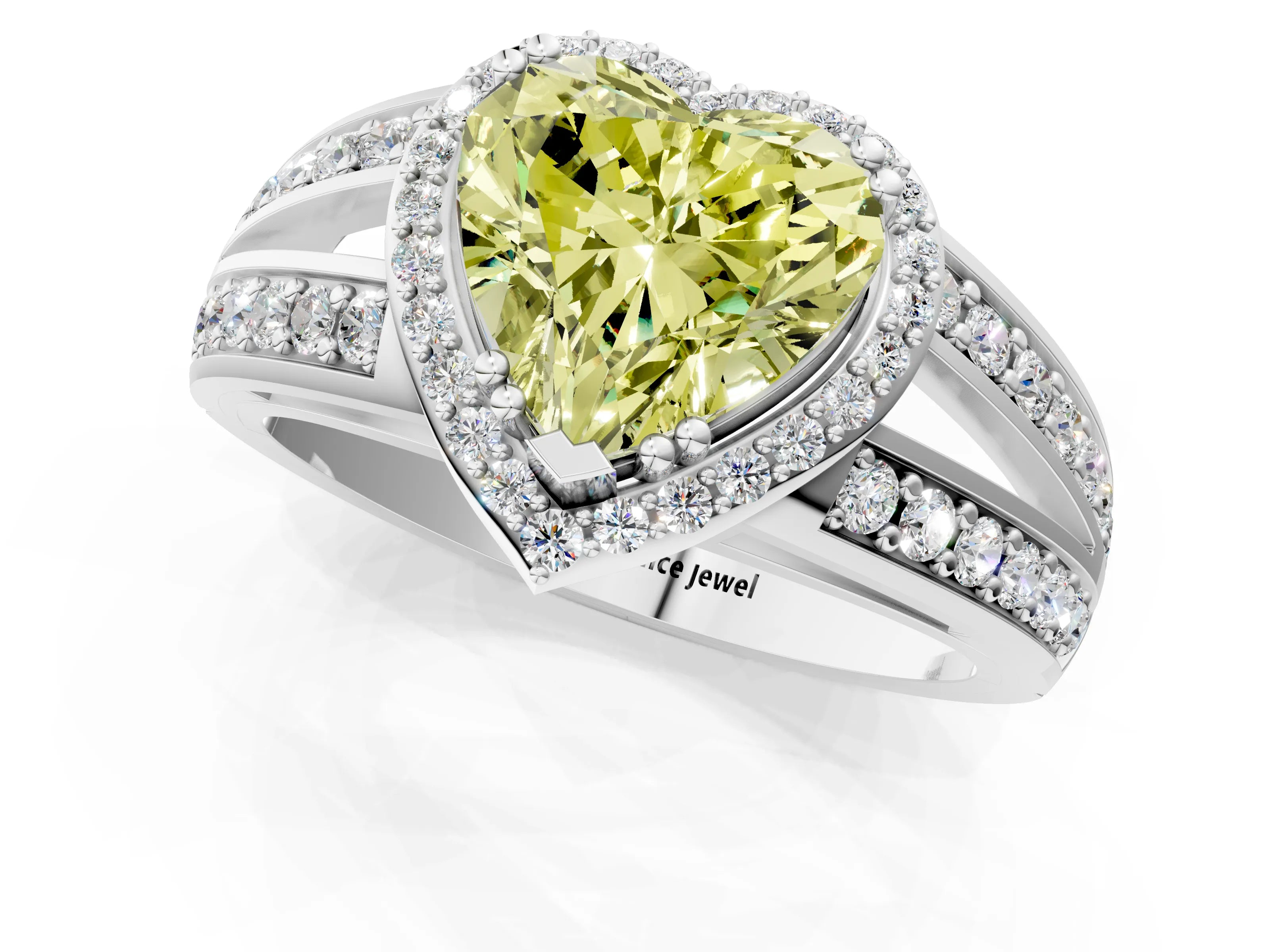 White gold Fancy Yellow Heart Cut Diamond Halo Ring with Split Shank Pavé Band and Four-Prong Setting_1