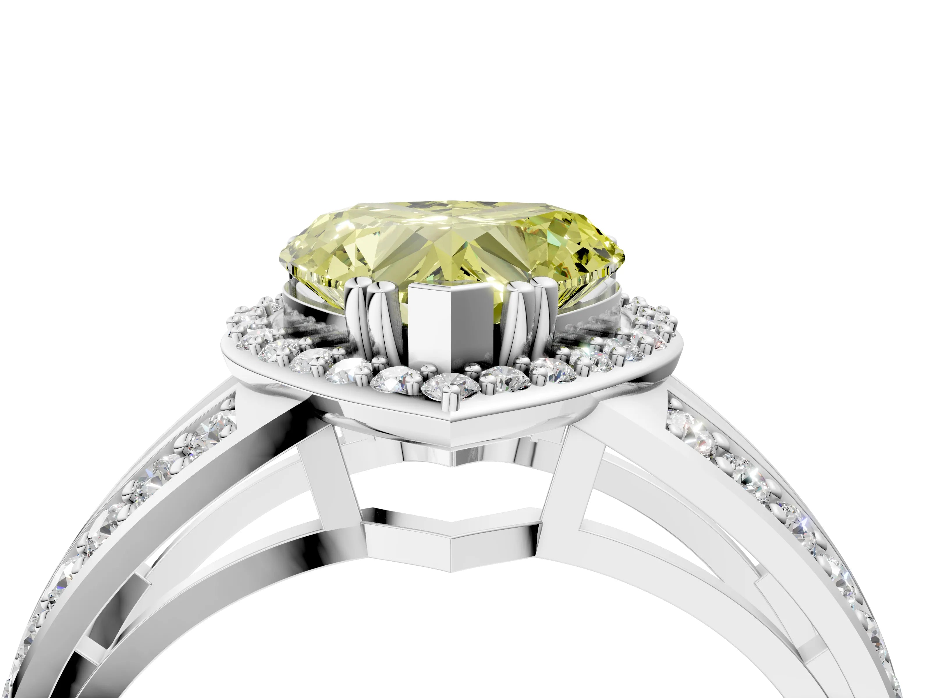 White gold Fancy Yellow Heart Cut Diamond Halo Ring with Split Shank Pavé Band and Four-Prong Setting_4